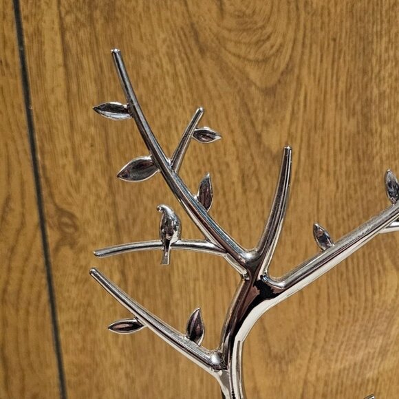 Jewelry Display Tree Non Tarnish Silver Toned w Birds and Round Shallow Dish - Picture 3 of 6